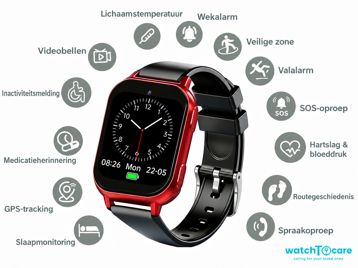 WatchToCare Pulse, met valdetectie, GPS-dwaalbeveiliging en een kristalhelder scherm met grote letters - 4G