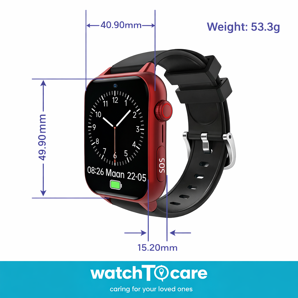 WatchToCare Pulse, met valdetectie, GPS-dwaalbeveiliging en een kristalhelder scherm met grote letters.