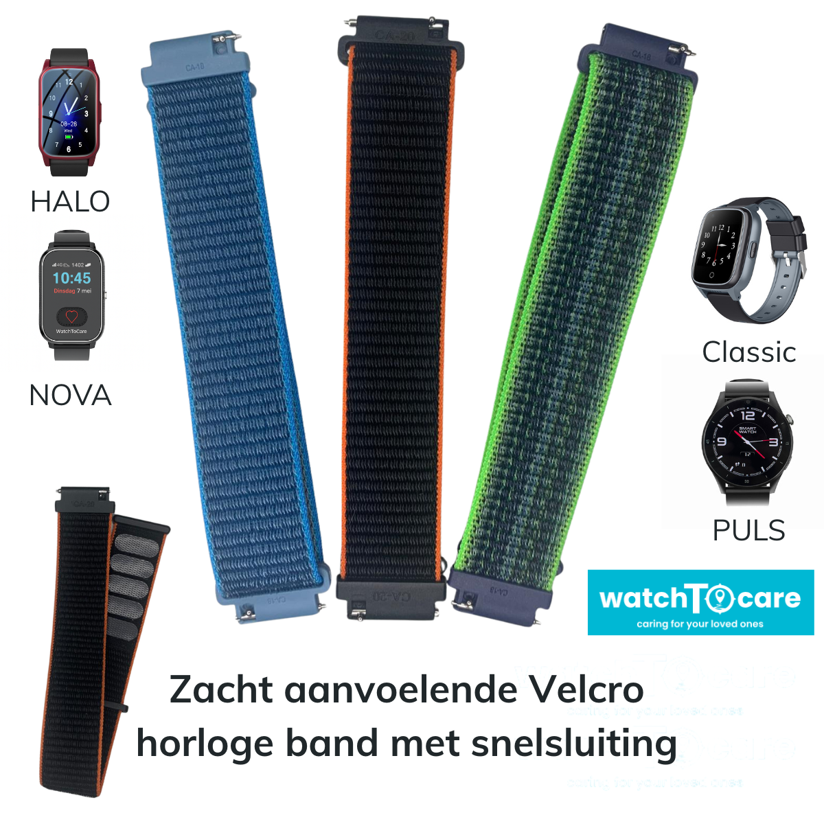 Horlogeband, zacht aanvoelend met makkelijke klittenband sluiting - drie kleuren