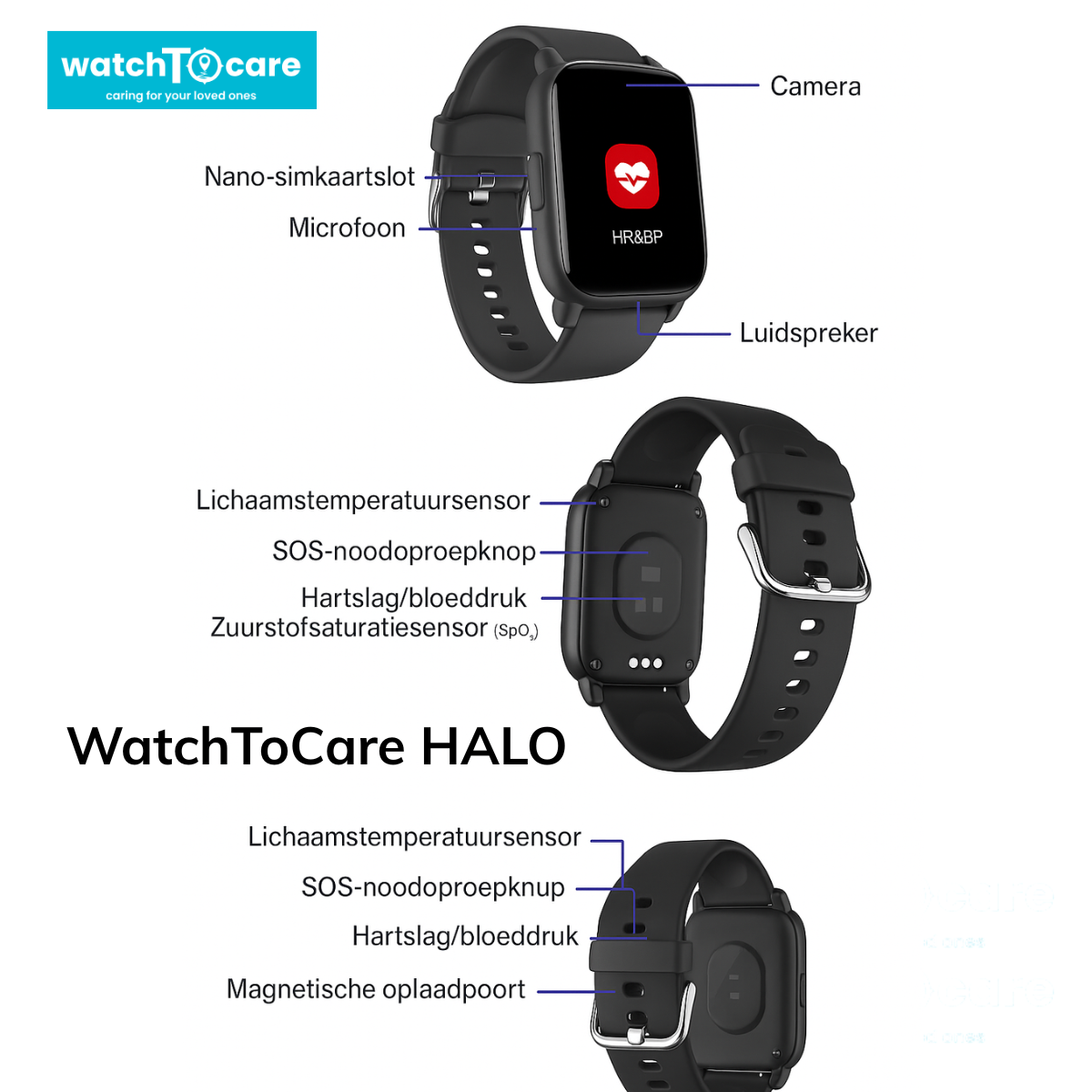 WatchToCare Halo – Het kleinste meest complete GPS-horloge voor senioren - Zwarte Variant 2 weken levertijd!