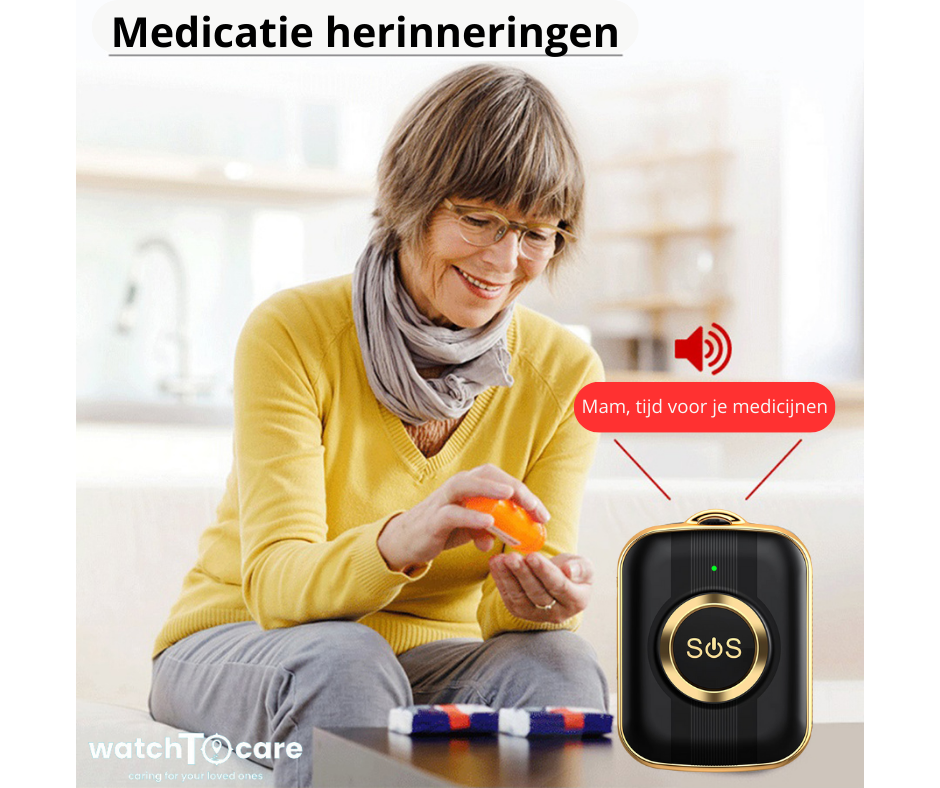 WatchToCare Gold GPS Alarmknop - deze maand inclusief Gratis draadloos laadstation t.w.v. € 19,95 - op=op