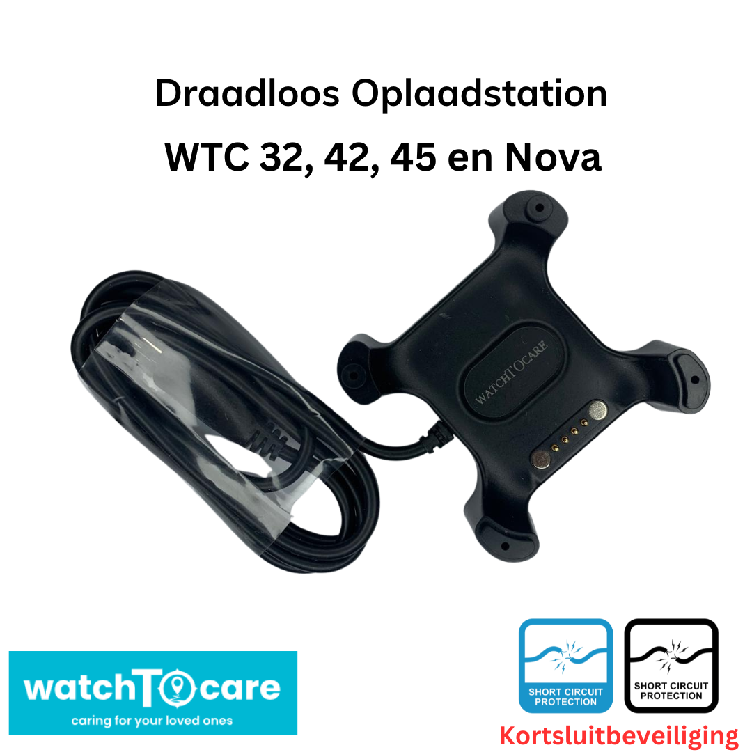 Draadloos Oplaadstation VIERKANT voor WatchToCare WTC 32, WTC 42, WTC 45, WTC Gold, WTV Nova - Lengte 1 Meter - ZWART