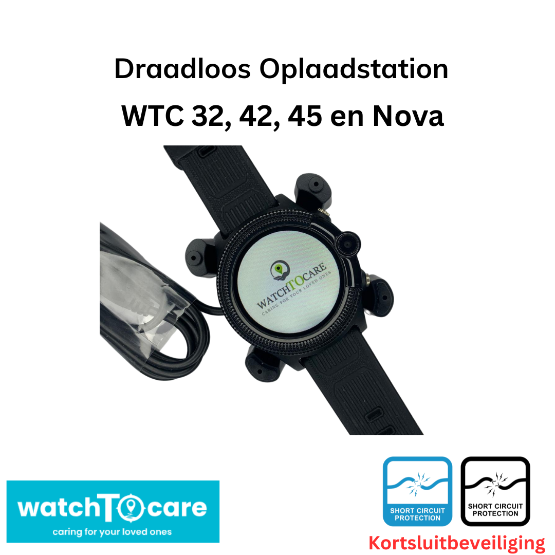 Draadloos Oplaadstation VIERKANT voor WatchToCare WTC 32, WTC 42, WTC 45, WTC Gold, WTV Nova - Lengte 1 Meter - ZWART