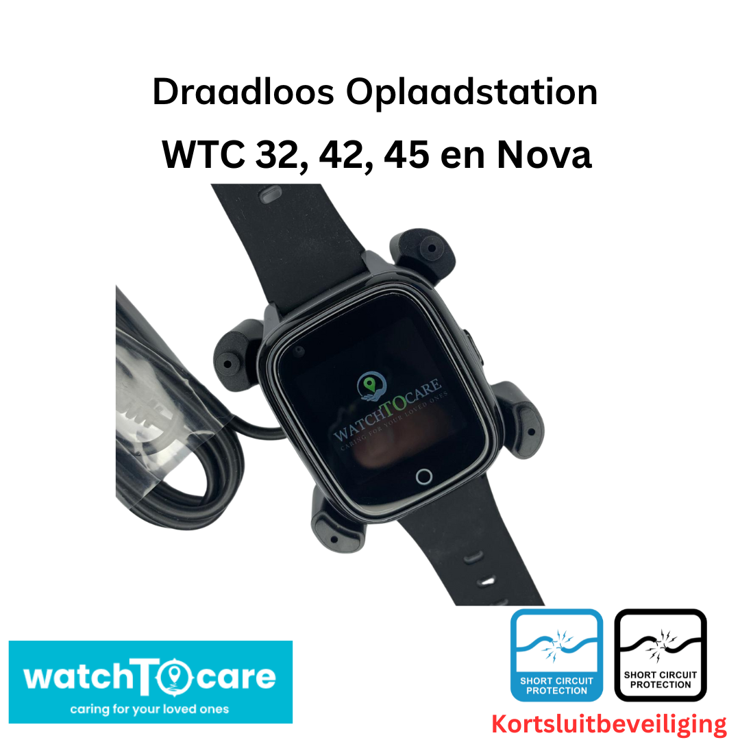 Draadloos Oplaadstation VIERKANT voor WatchToCare WTC 32, WTC 42, WTC 45, WTC Gold, WTV Nova - Lengte 1 Meter - ZWART