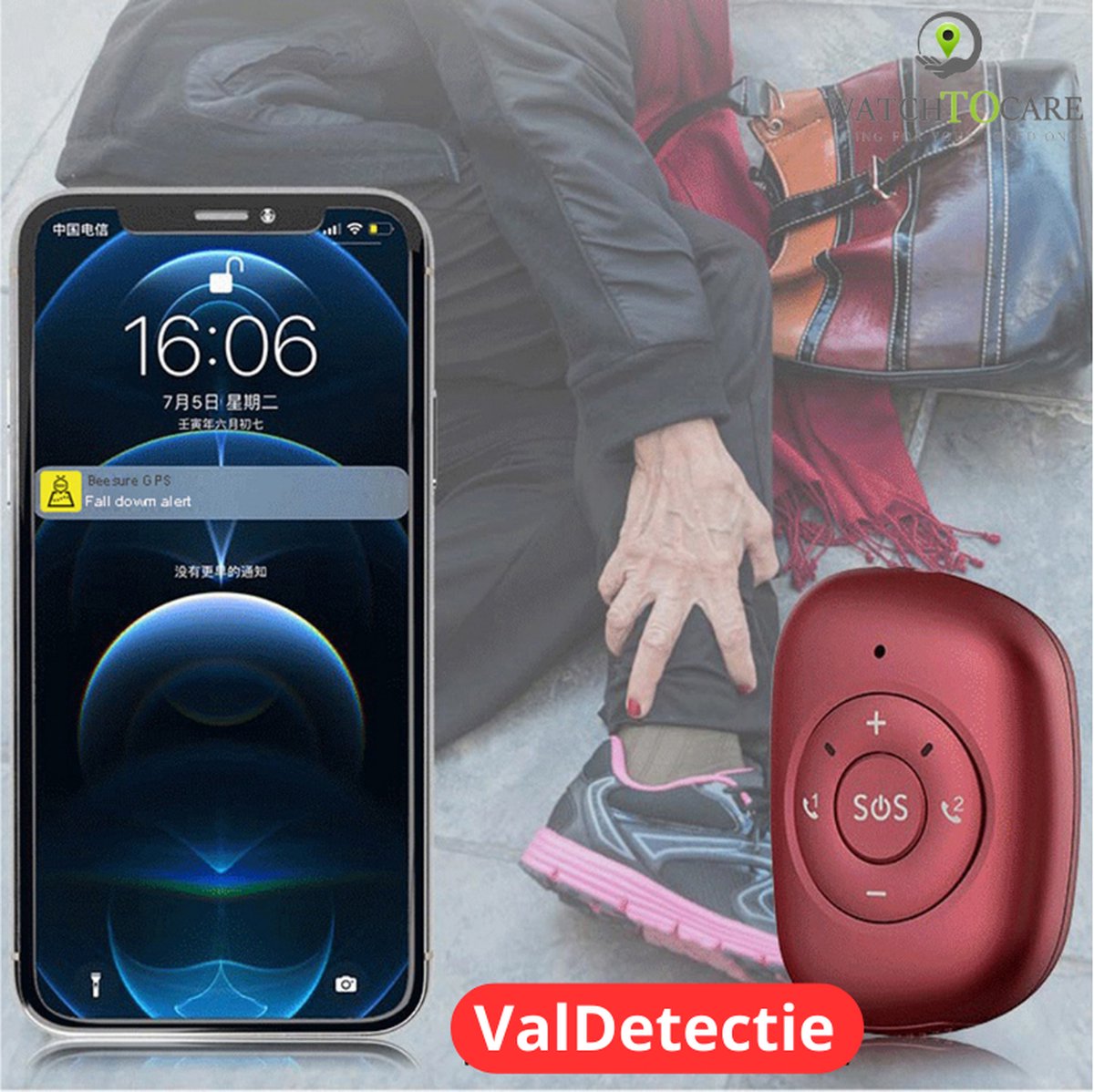WatchToCare WTC22 GPS Alarmknop Rood - deze maand inclusief Gratis draadloos laadstation t.w.v. € 19,95 - op=op
