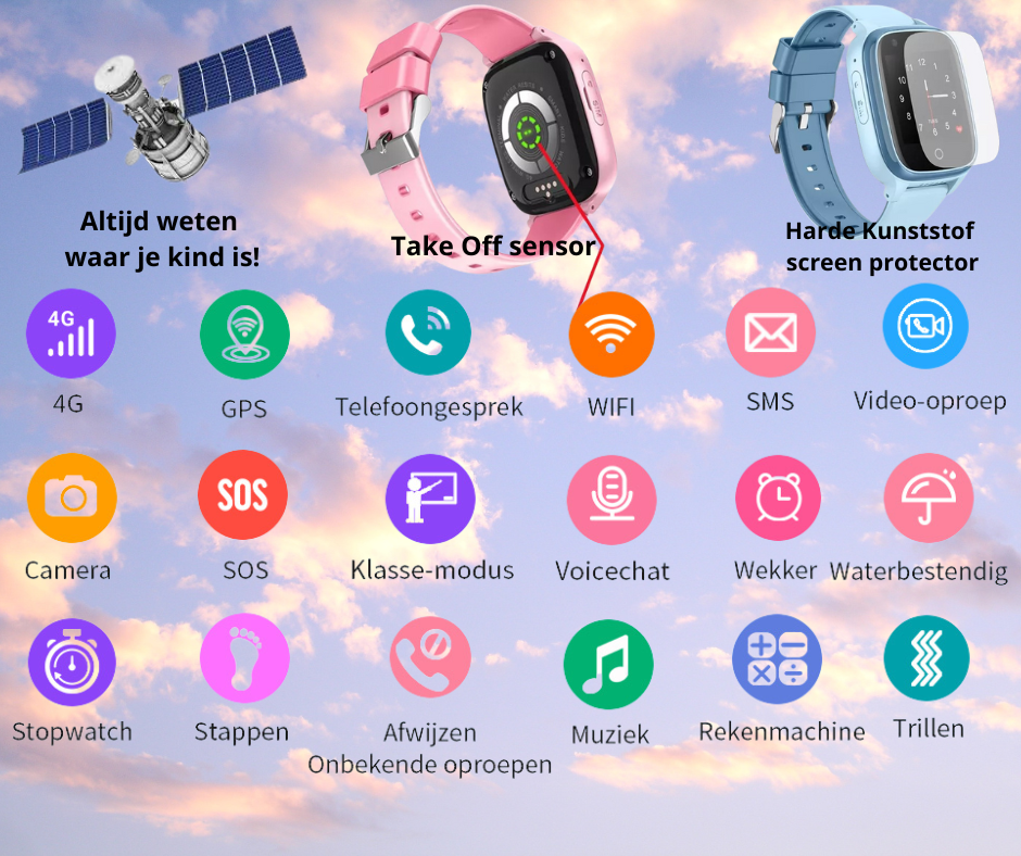 GPS Kinderhorloge - WatchToCare WTC32 - Géén abonnement nodig - Uniek: Take Off Alarm en Gezichtsherkenning